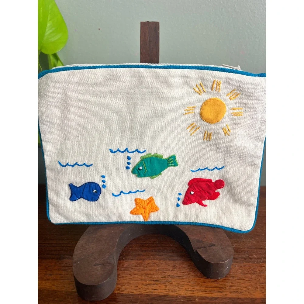Hand-Embroidered And Appliqué Canvas Zipper Pouch Fish Sea Life 8x6